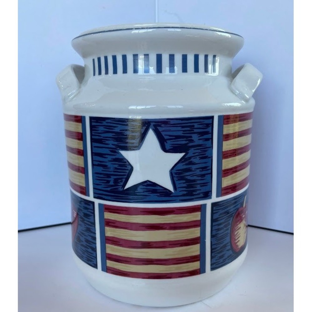 Tienshan Americana Stoneware Cookie Jar Milk Blue Red White Excellent USA Star